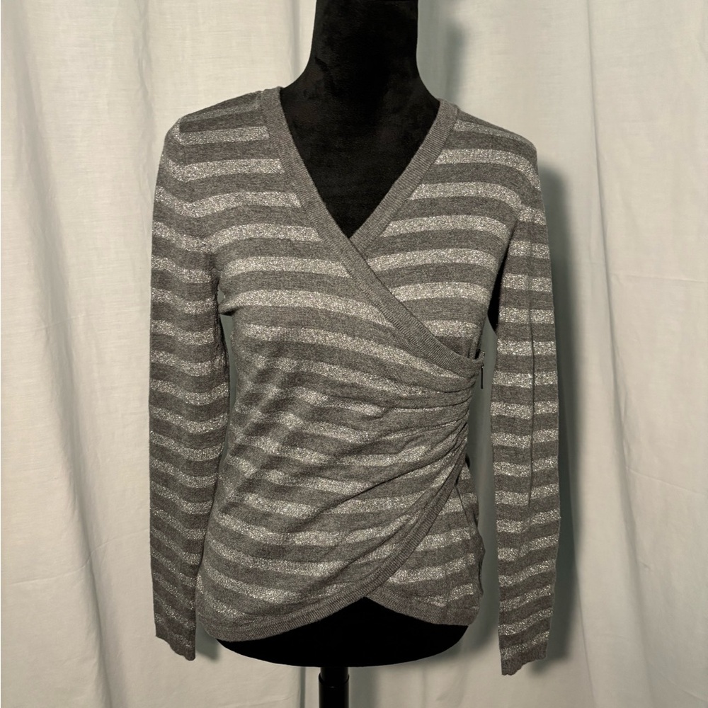 Guess Gray V-Neck Striped Sweater